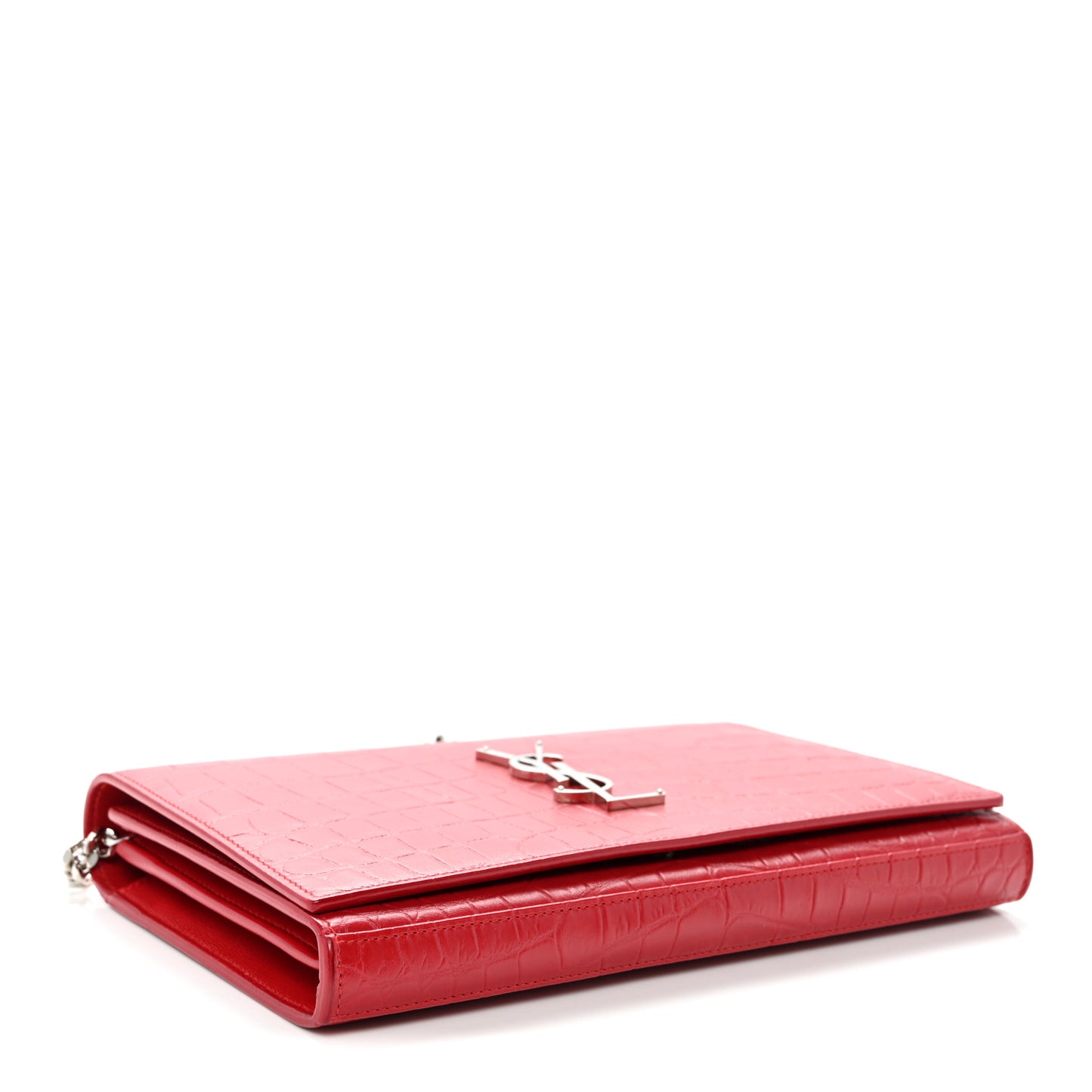 Calfskin Crocodile Embossed Monogram Chain Wallet New Red
