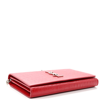 Saint Laurent Calfskin Crocodile Embossed Monogram Chain Wallet New Red 4 of 11