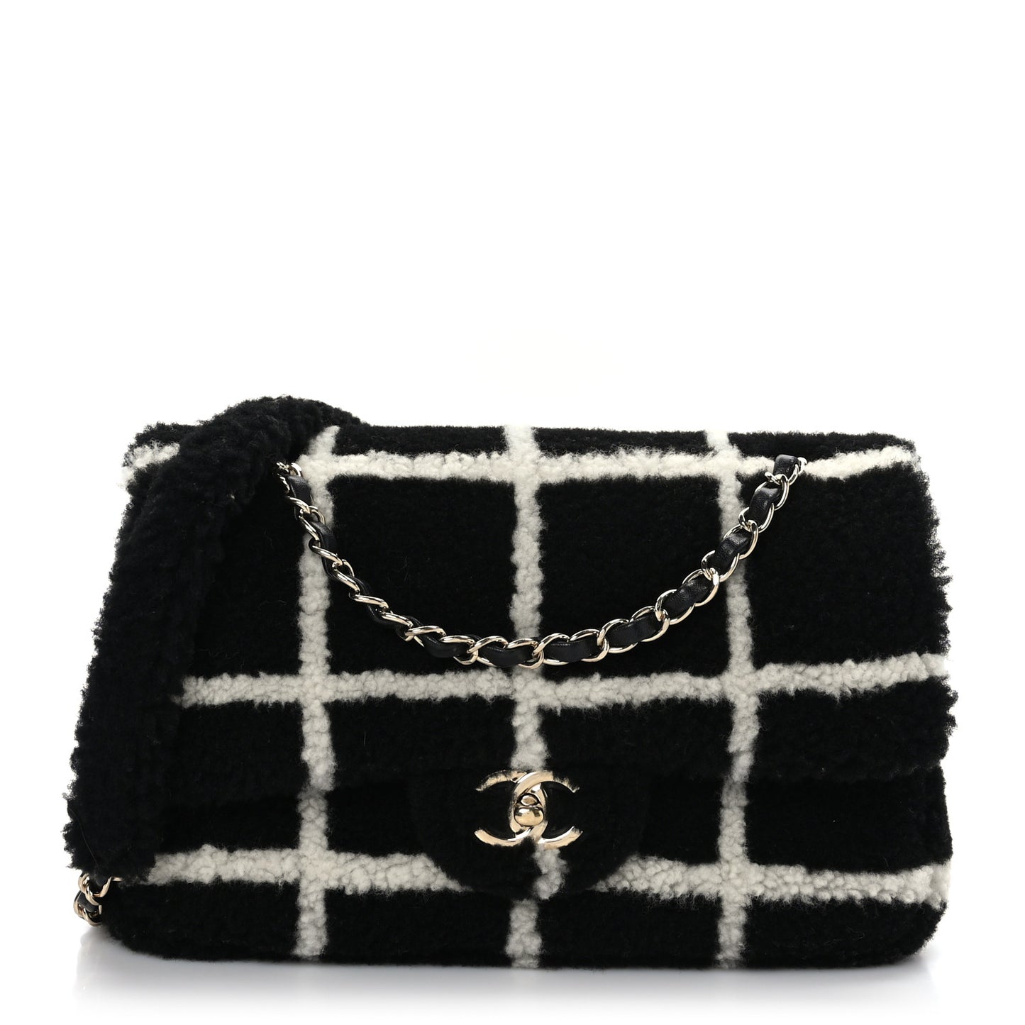 Shearling Lambskin Large Fluffy Tartan Single Flap Black White