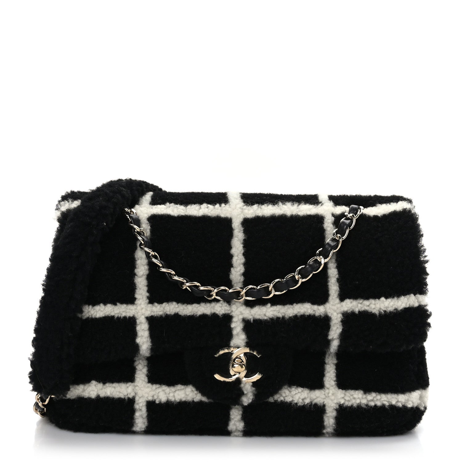 Chanel Shearling Lambskin Large Fluffy Tartan Single Flap Black White 1 of 9