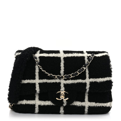 Chanel Shearling Lambskin Large Fluffy Tartan Single Flap Black White 1 of 9