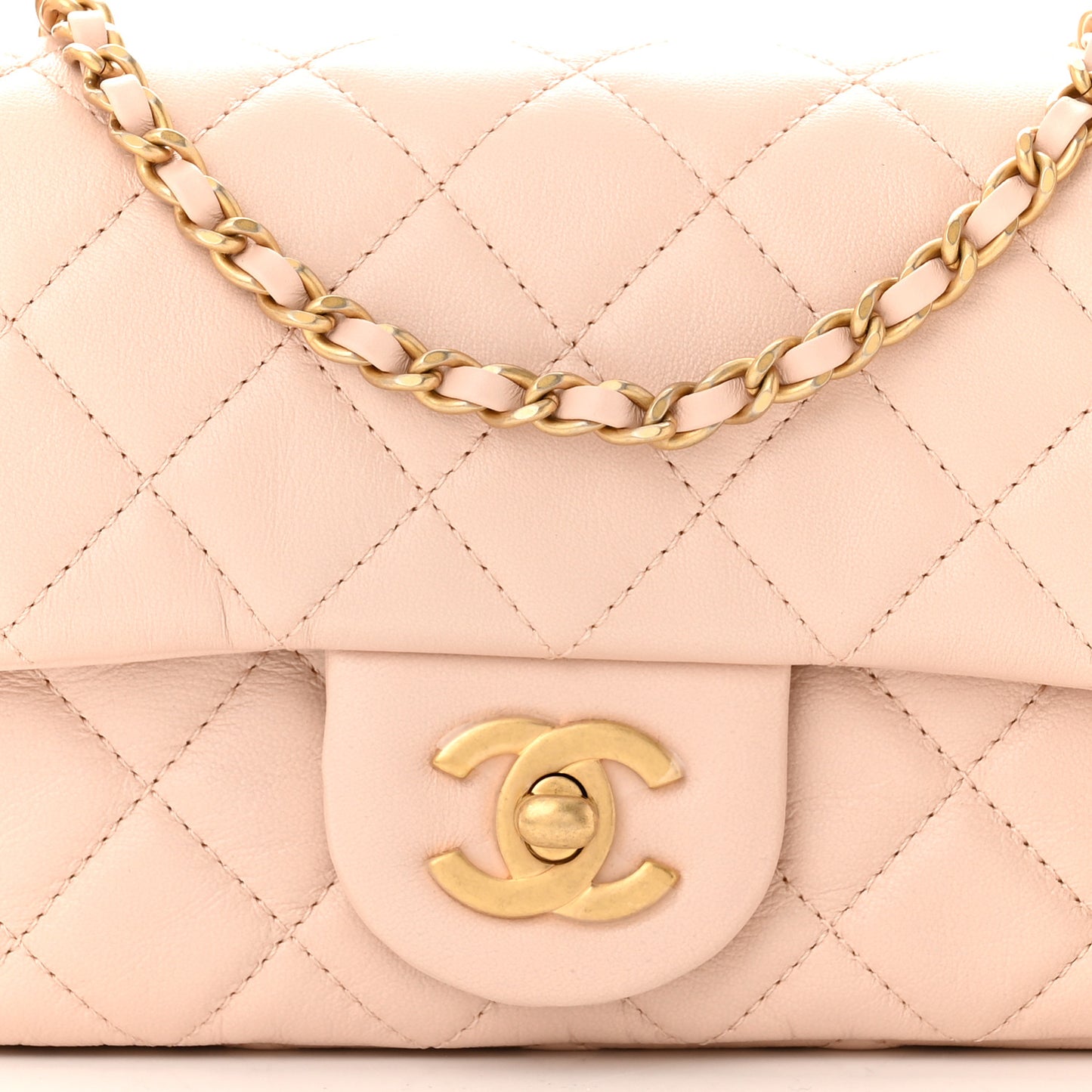 Lambskin Quilted Mini Pearl Crush Rectangular Flap Light Beige