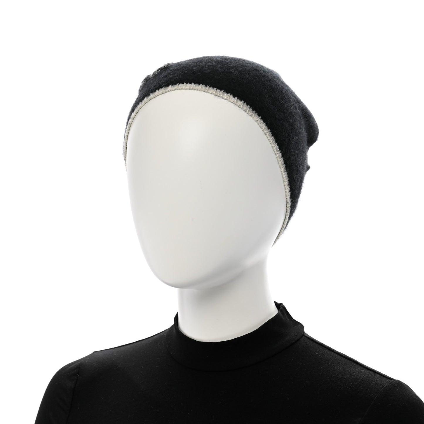 Cashmere Silk CC Beanie Hat Black White