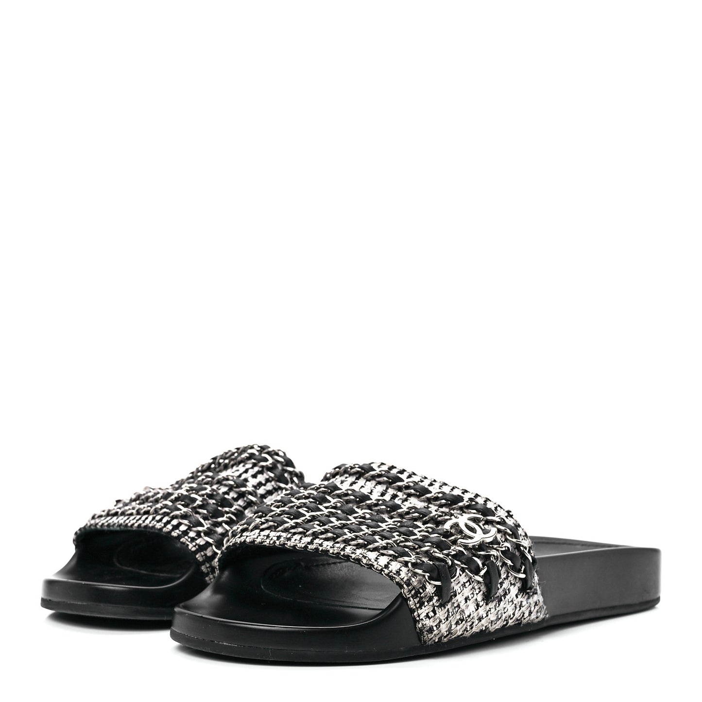 Tweed Lambskin Chain Flat Sandals 37 Black Multicolor
