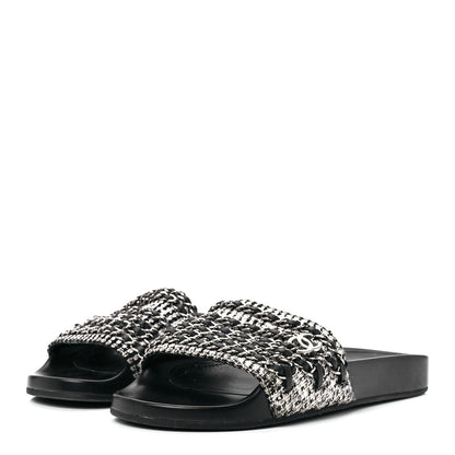 Chanel Tweed Lambskin Chain Flat Sandals 37 Black Multicolor 3 of 8