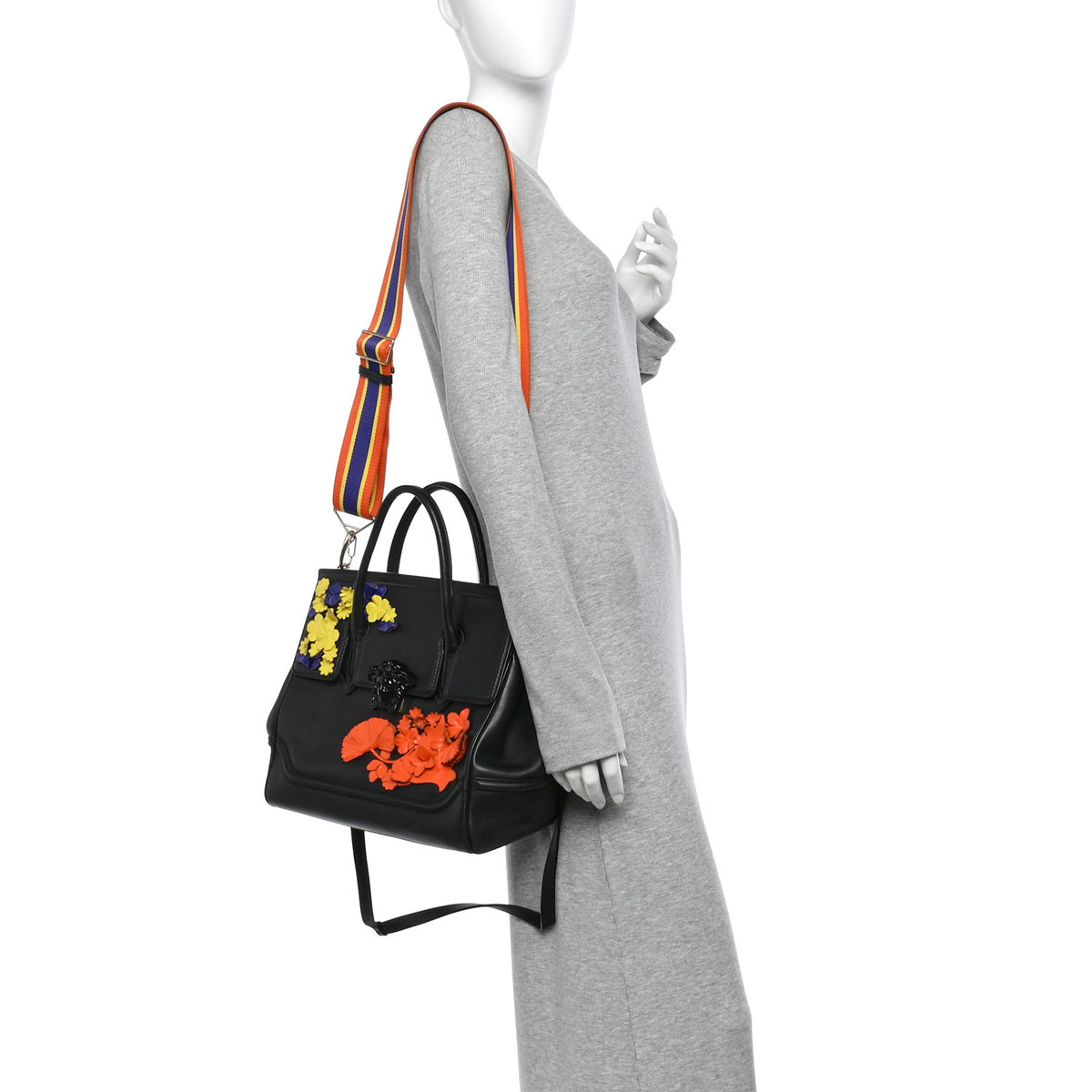 Calfskin Flower Embroidered Medium Palazzo Empire Bag Black Multicolor