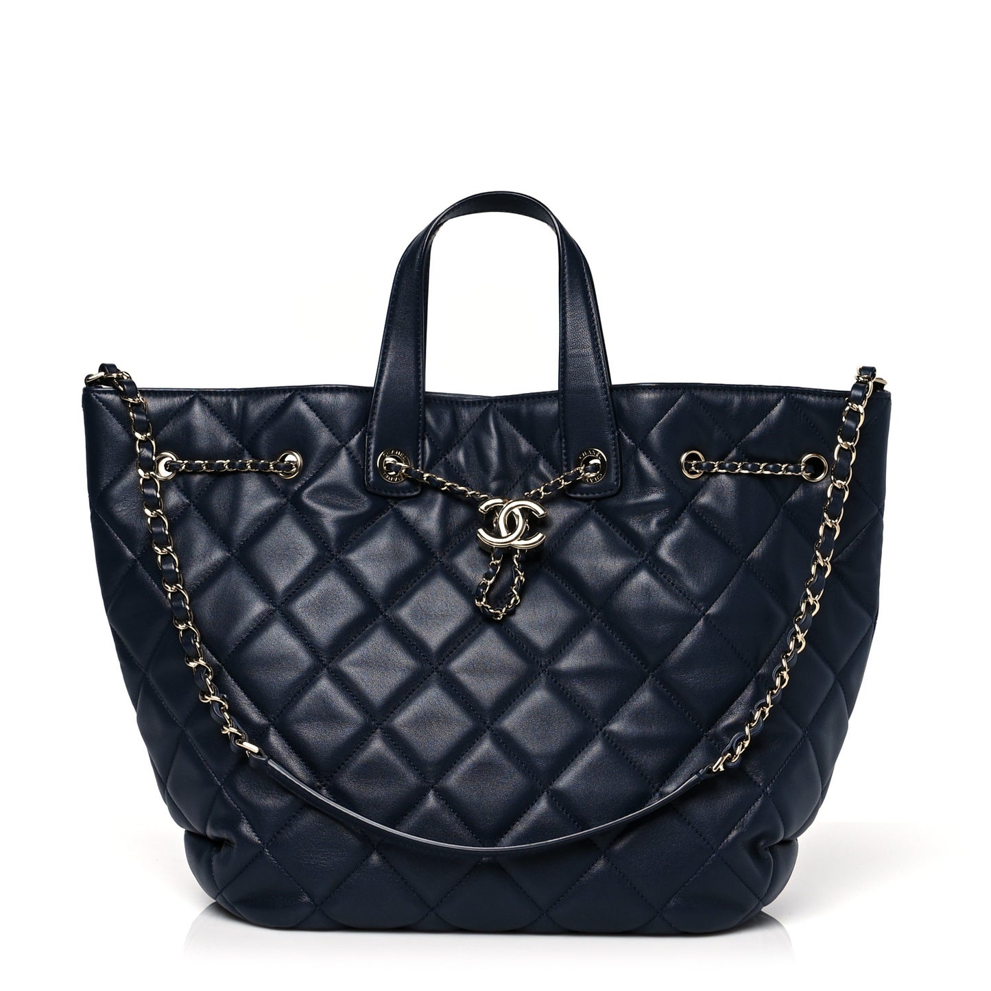 Lambskin Quilted CC Dweller Drawstring Tote Dark Blue