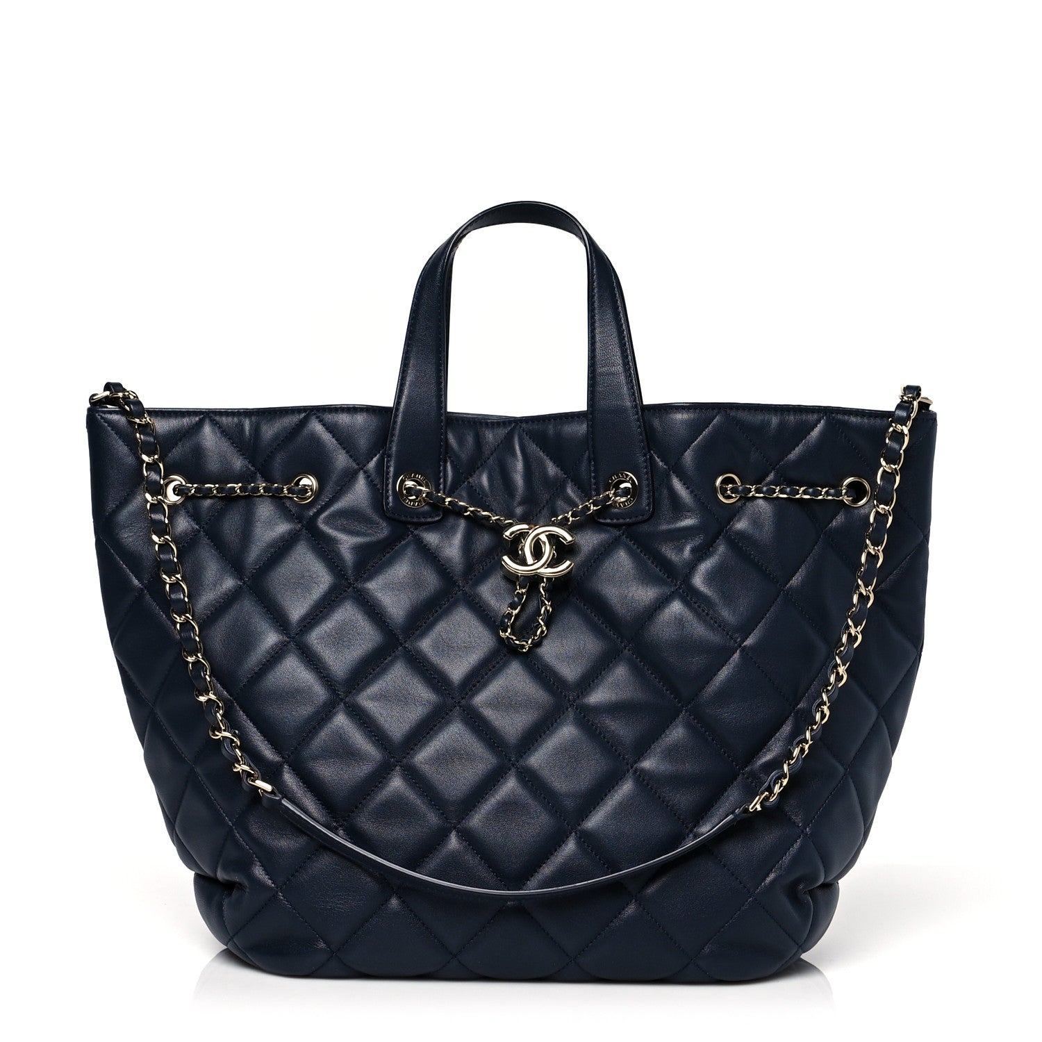 Chanel Lambskin Quilted CC Dweller Drawstring Tote Dark Blue 1 of 10