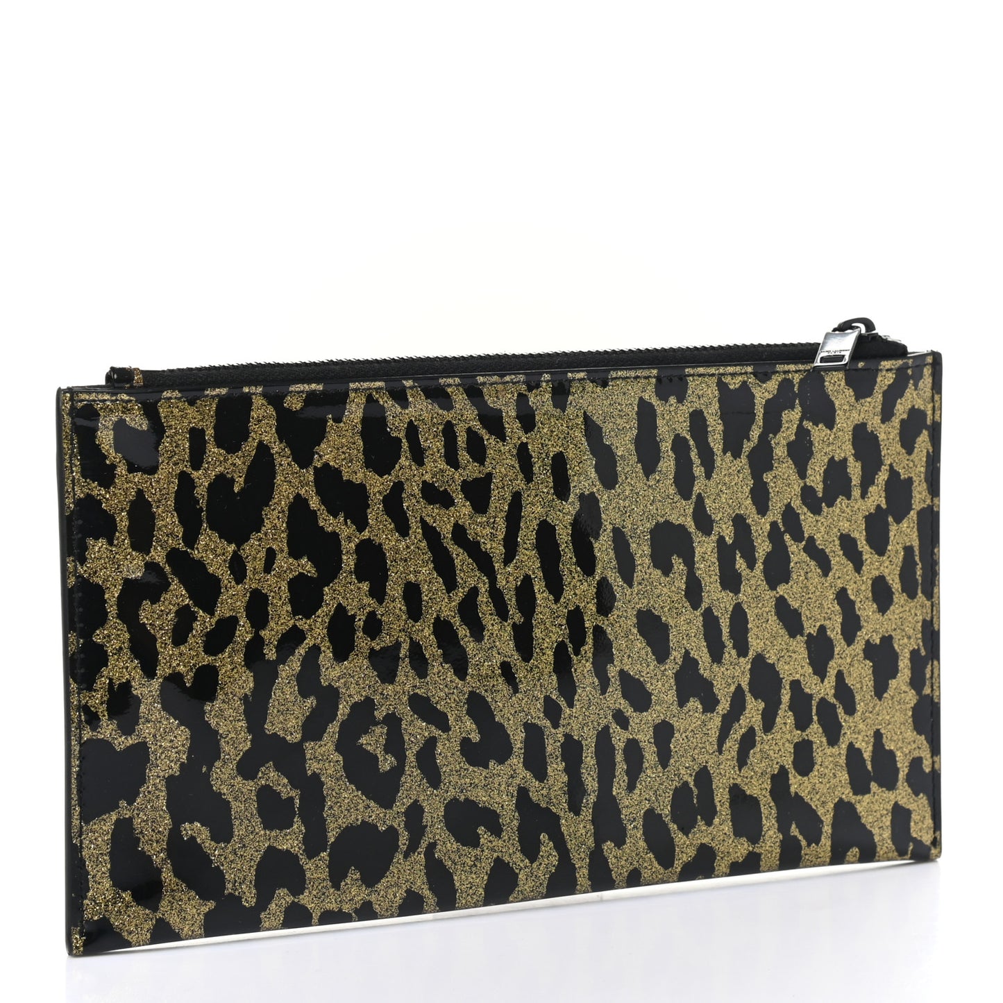 Patent Glitter Leopard Monogram Zip Pouch Gold Black