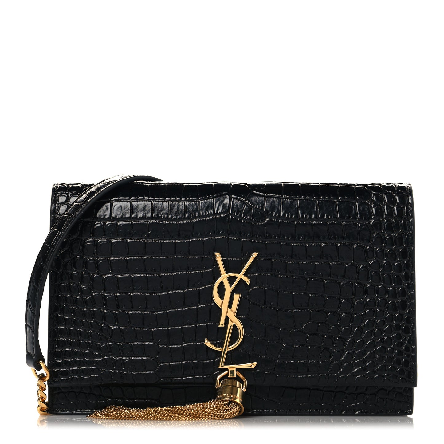 Calfskin Crocodile Embossed Kate Monogram Tassel Chain Wallet Black