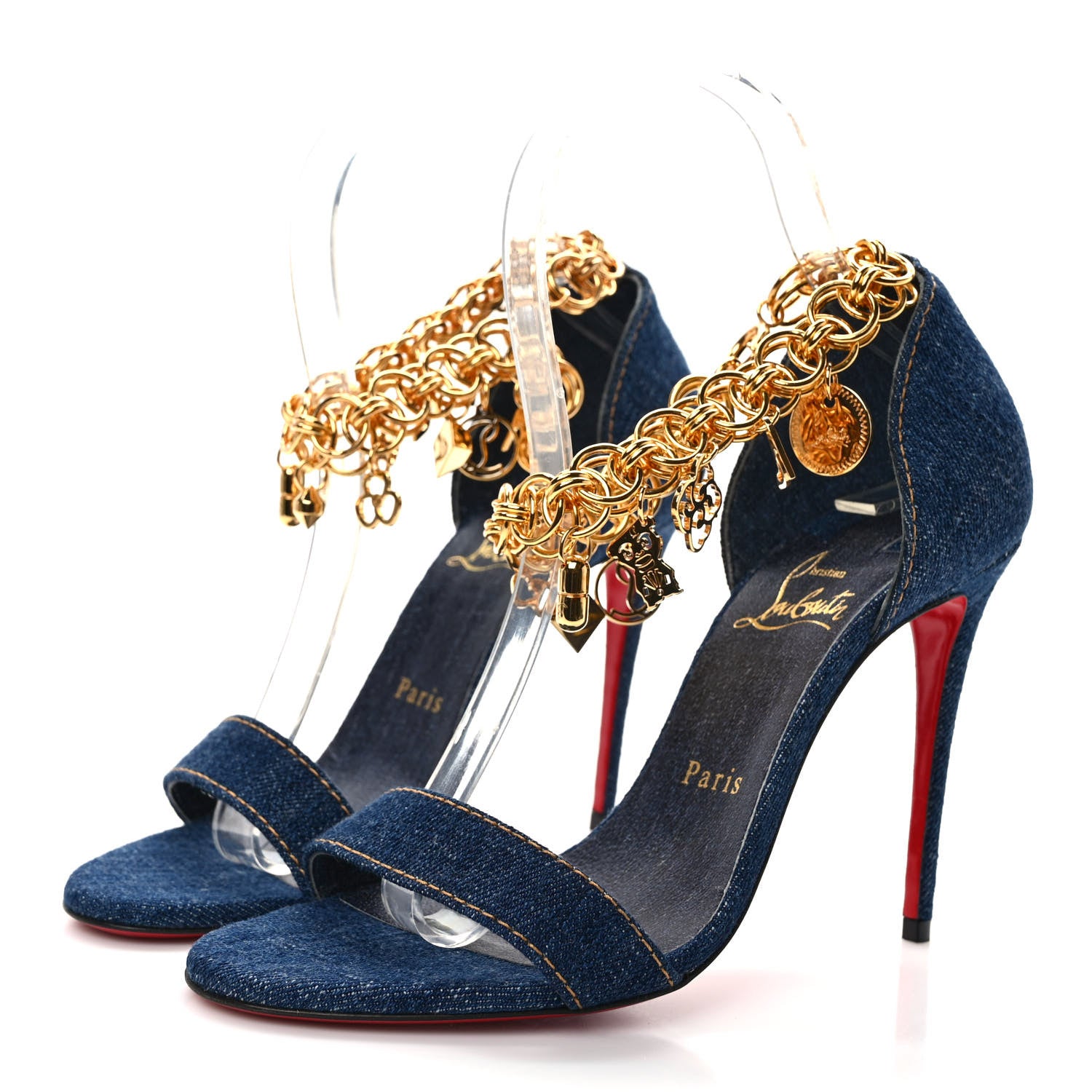 Christian Louboutin Denim Gourmi 100 Sandals 37 Blue Gold 3 of 8