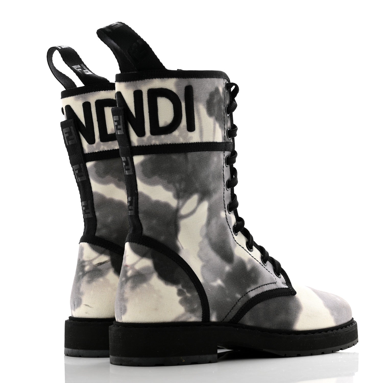 Fendi Canvas Floral Print Logo Bi-Color Womens Biker Boots 37 White Black 4 of 11