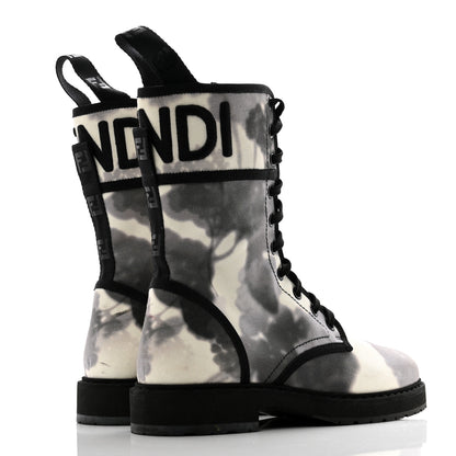 Fendi Canvas Floral Print Logo Bi-Color Womens Biker Boots 37 White Black 4 of 11