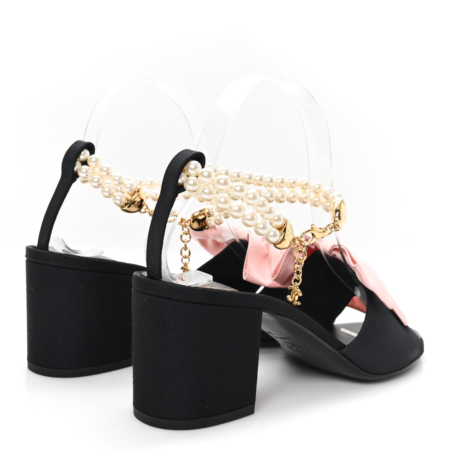 Chanel Silk Pearl Ankle Strap Sandals 38 Black Light Pink 1880459