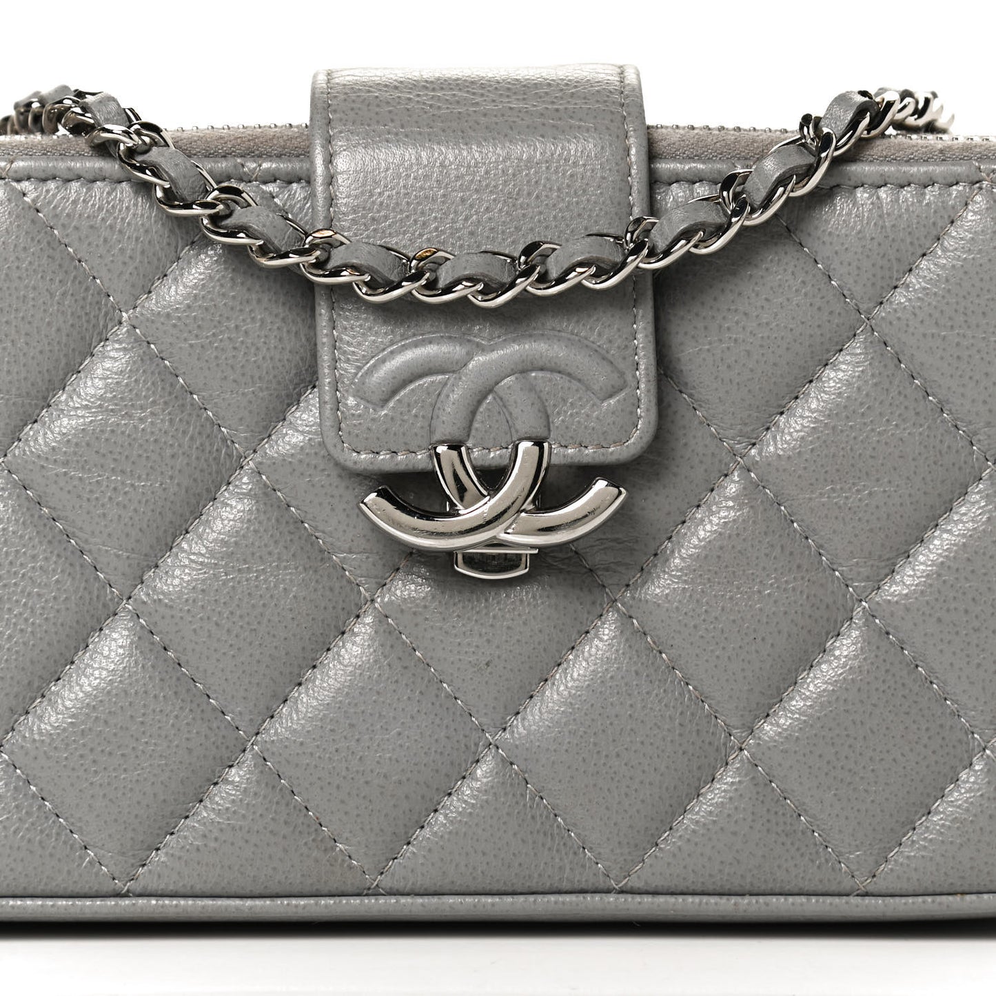 Grained Calfskin Quilted CC Box Clutch With Chain Grey
