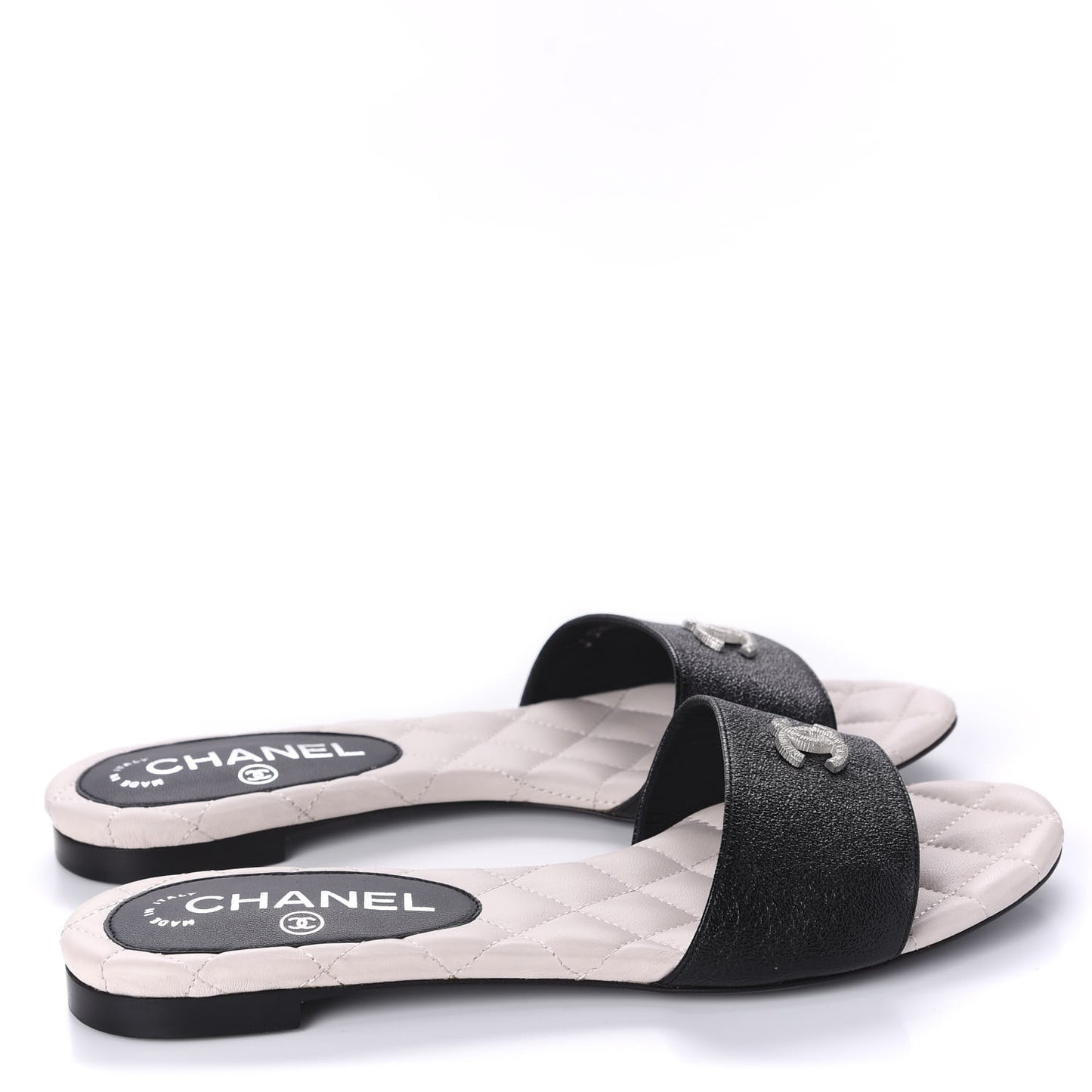 Goatskin Lambskin Quilted CC Sandal Mules 37.5 Black White