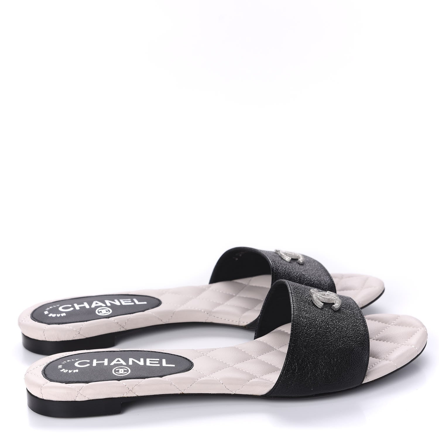 Chanel Goatskin Lambskin Quilted CC Sandal Mules 37.5 Black White 4 of 9