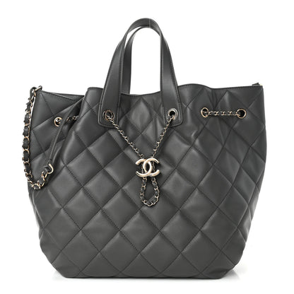 Chanel Lambskin Quilted CC Dweller Drawstring Tote Grey 1 of 3