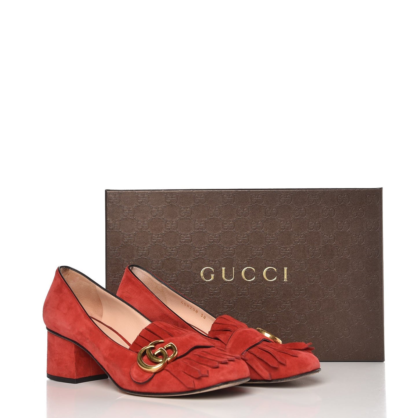Kid Scamosciato GG Marmont Fringe 50mm Loafer Pumps 38 Vulcanic Red