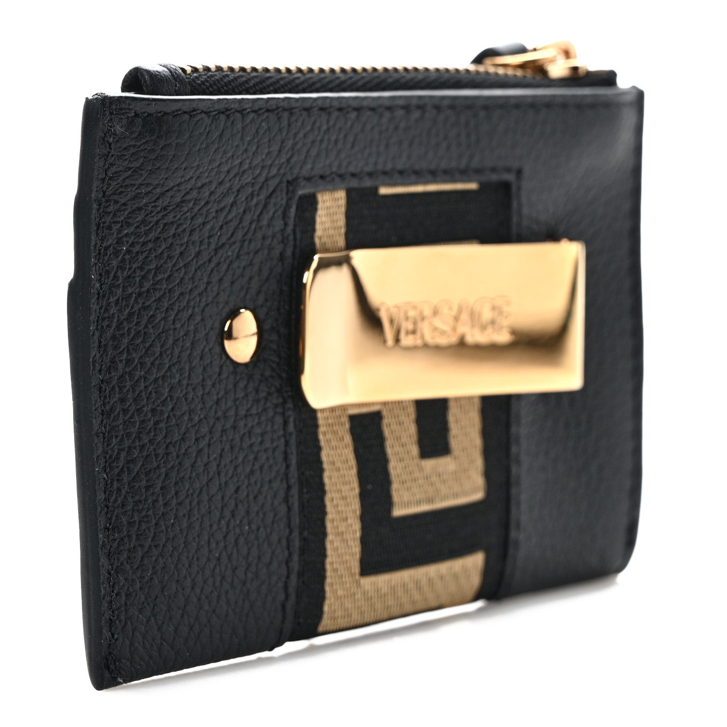 Versace Grained Calfskin Ribbon Greca Zip Card Holder Wallet Black Gold 3 of 9