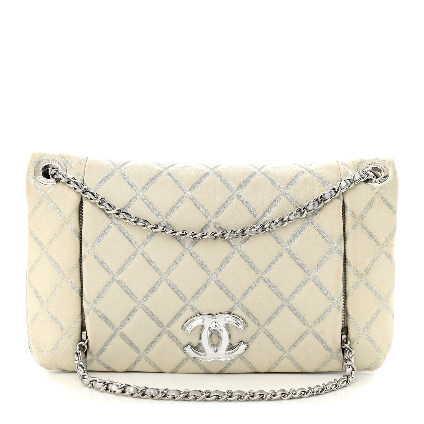Metallic Distressed Lambskin Quilted CC Flap Ivory