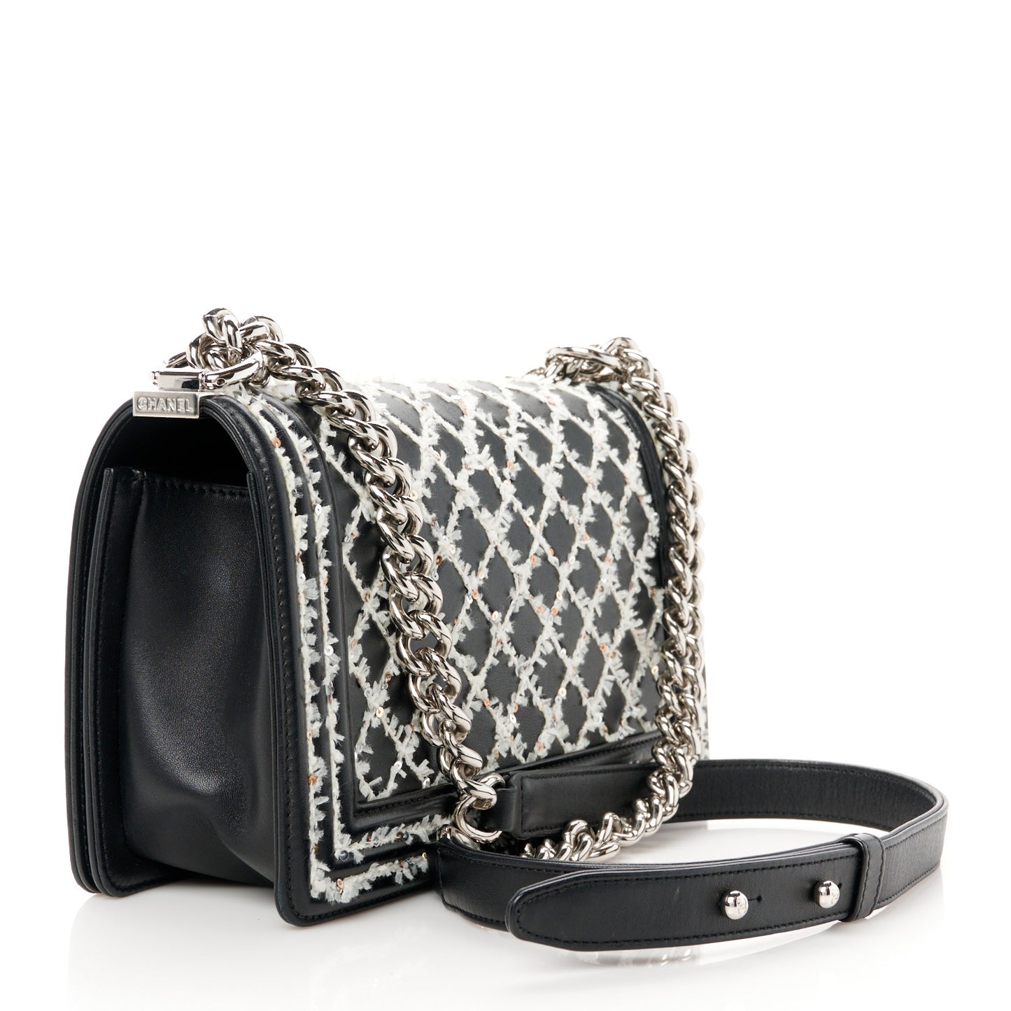 Calfskin Tweed Sequin Stitched Medium Boy Flap Black White