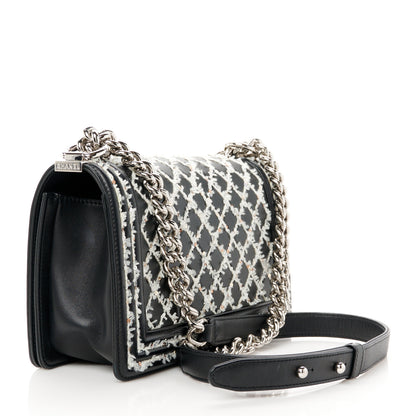 Chanel Calfskin Tweed Sequin Stitched Medium Boy Flap Black White 3 of 10