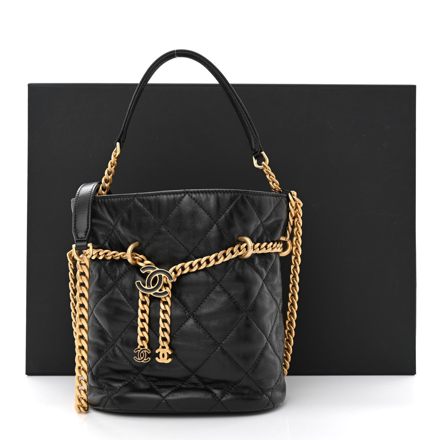 Lambskin Enamel Quilted Pending CC Bucket Drawstring Bag Black