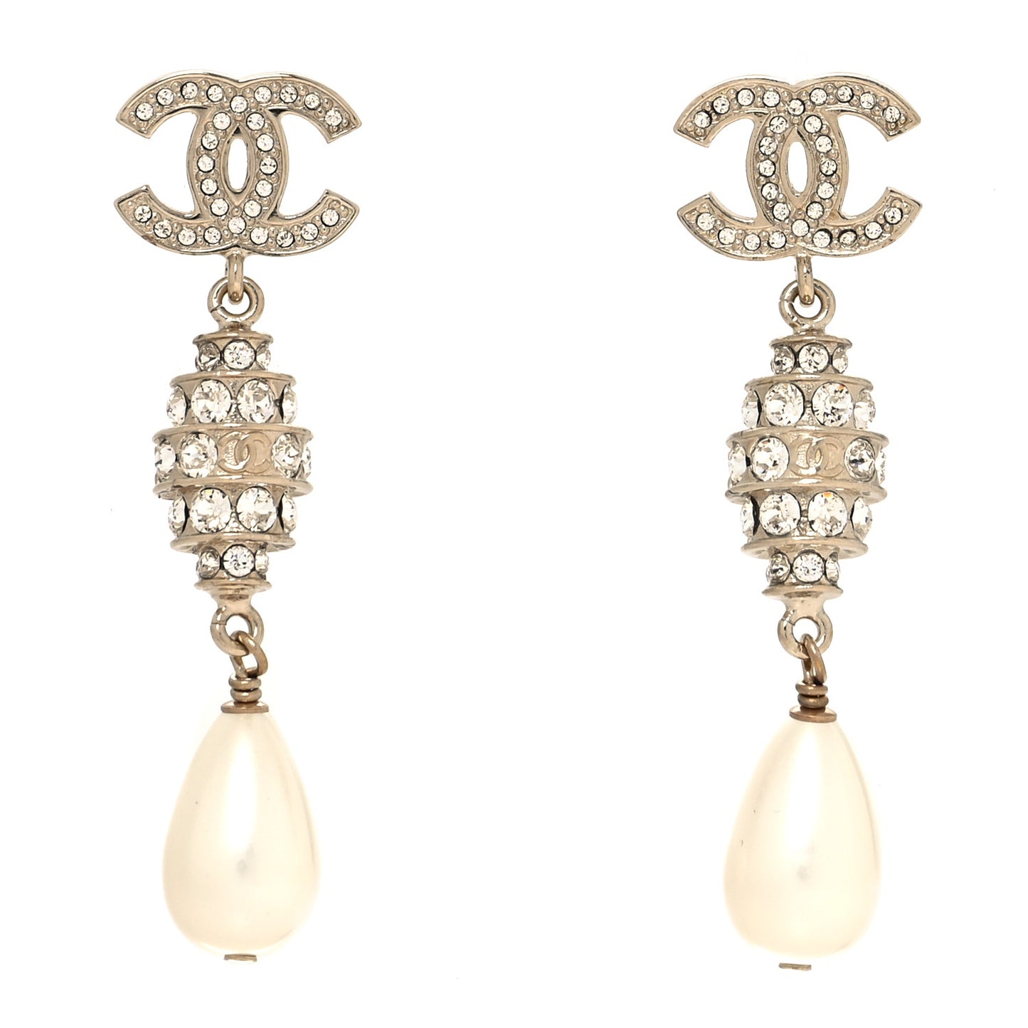 Crystal Pearl CC Drop Earrings Gold