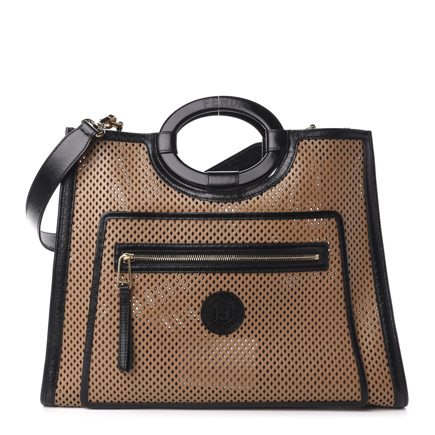 Vitello Liberty Glossy Lambskin Perforated Medium Runaway Shopper Tote Sand Mimosa Black