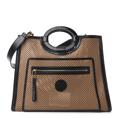 Fendi Vitello Liberty Glossy Lambskin Perforated Medium Runaway Shopper Tote Sand Mimosa Black 1 of 11