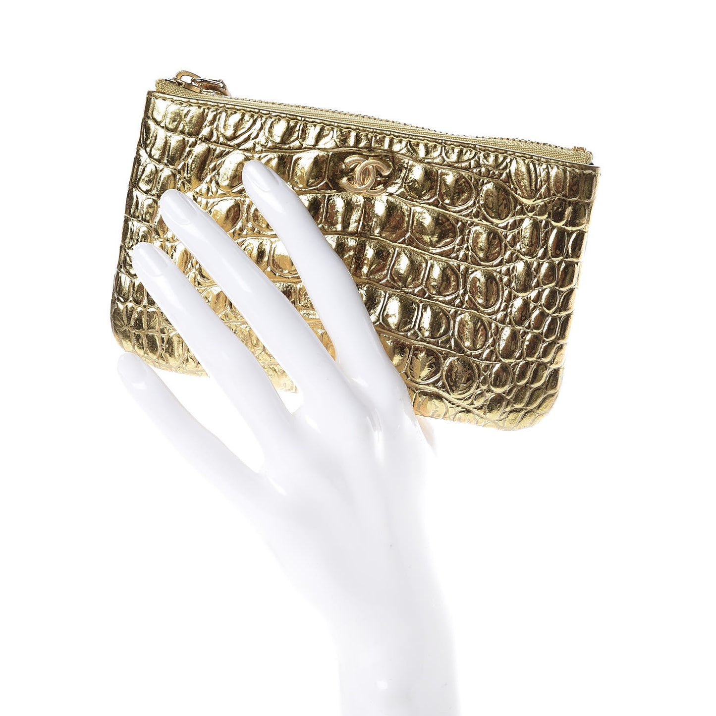 Metallic Calfskin Crocodile Embossed Cocodile Cosmetic Case Gold