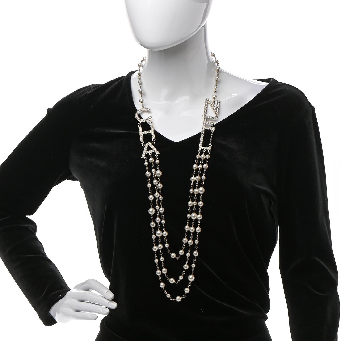 Pearl Crystal Cha-Nel Logo Necklace Gold