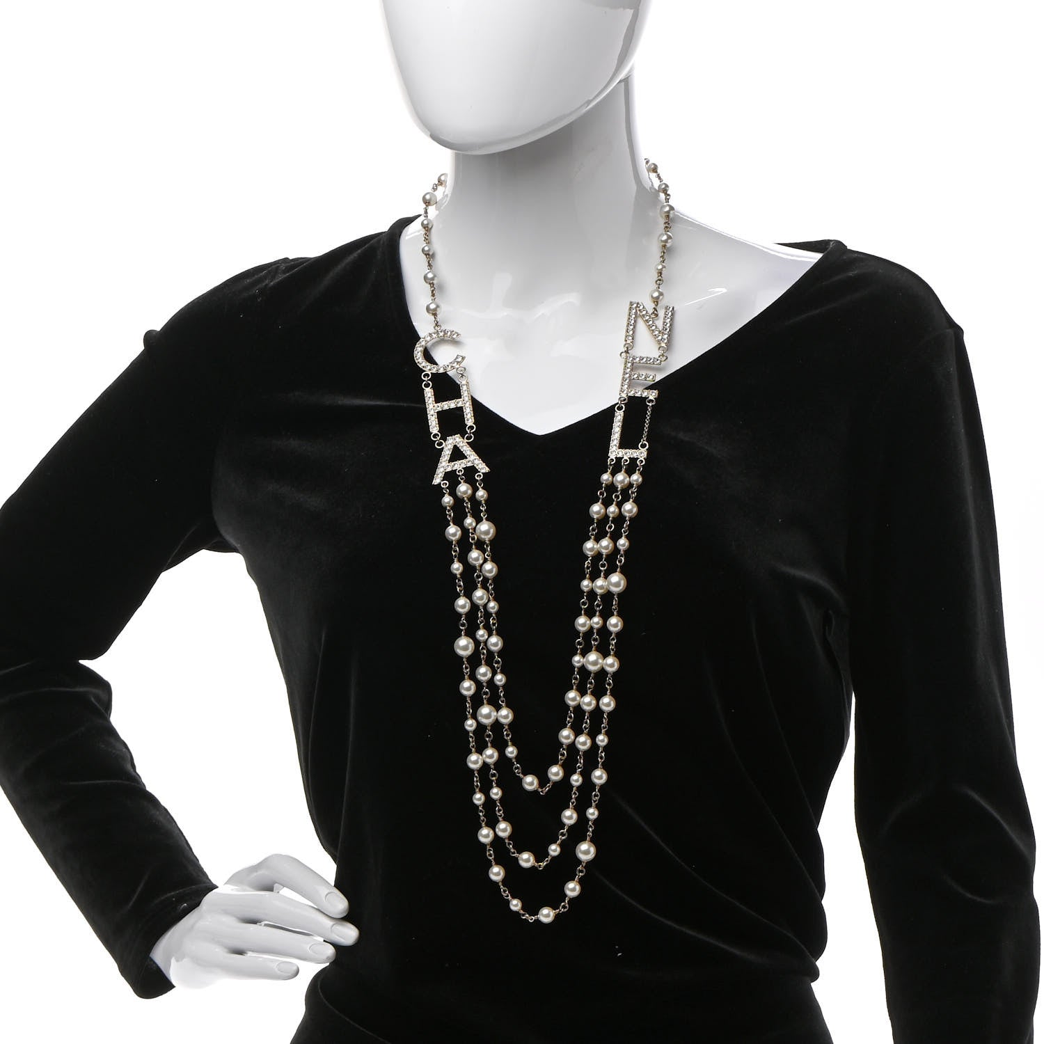 Chanel Pearl Crystal Cha-Nel Logo Necklace Gold 2 of 6