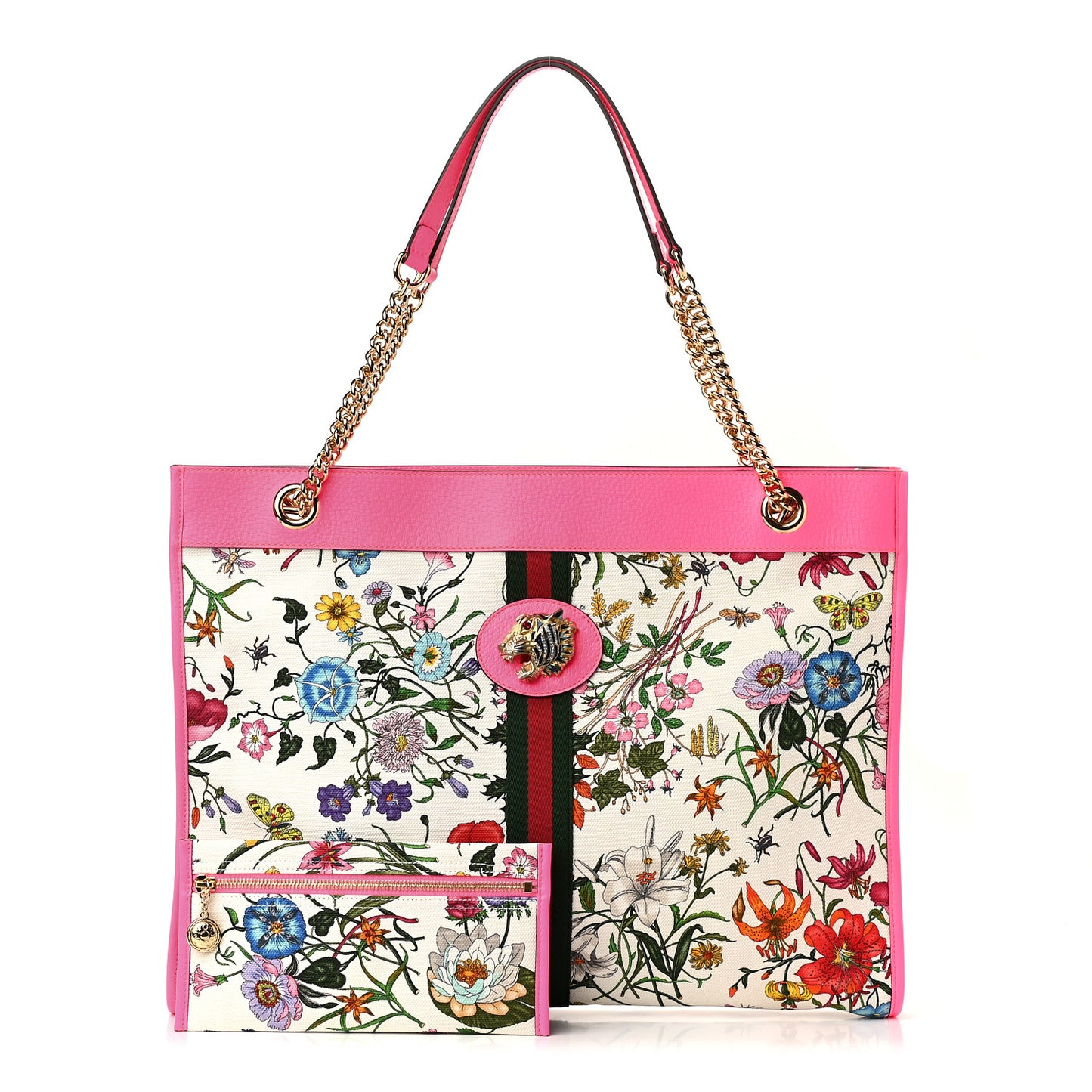 Canvas Flora Large Rajah Chain Tote White Multicolor Fuxia Fluo
