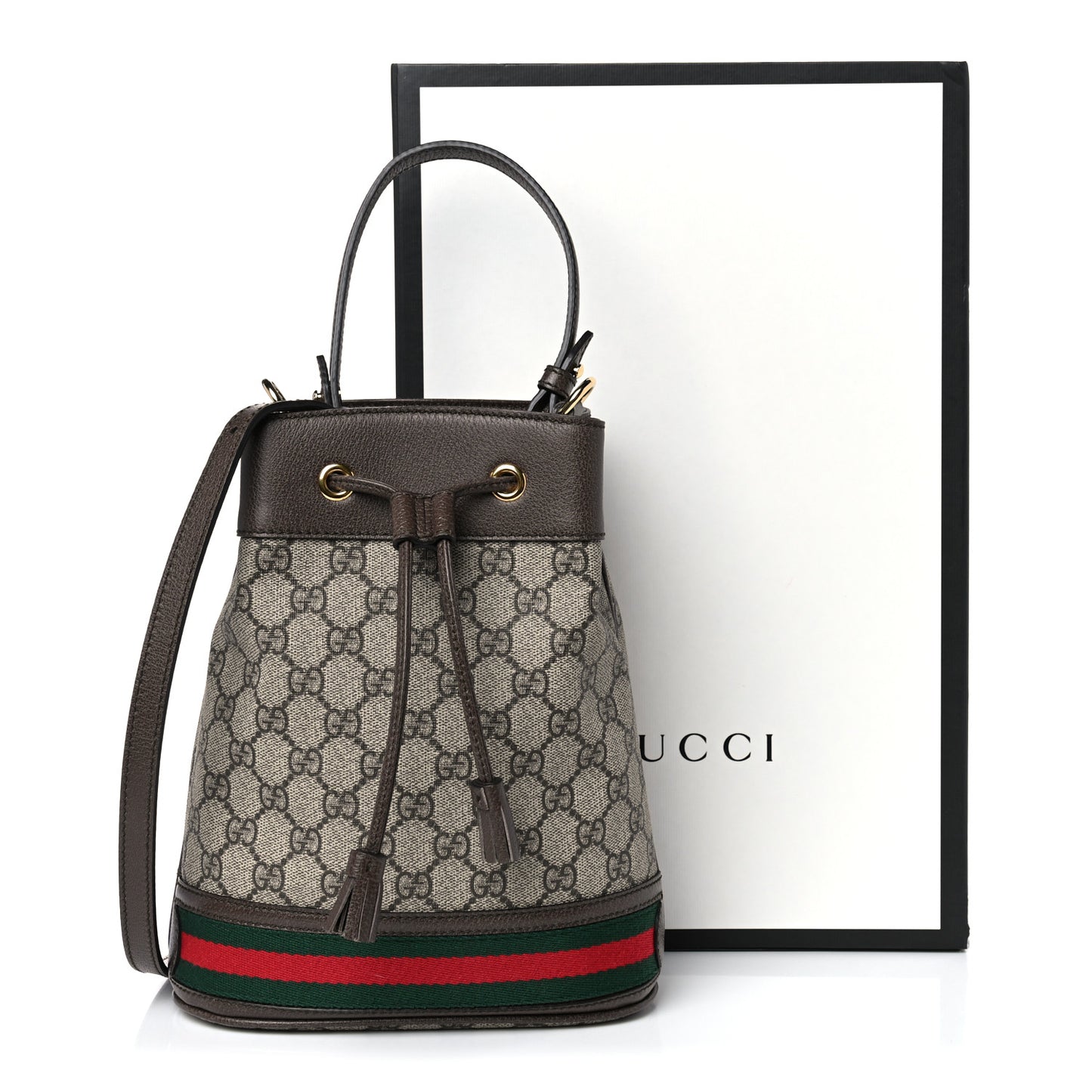 GG Supreme Monogram Web Small Ophidia Bucket Bag Brown