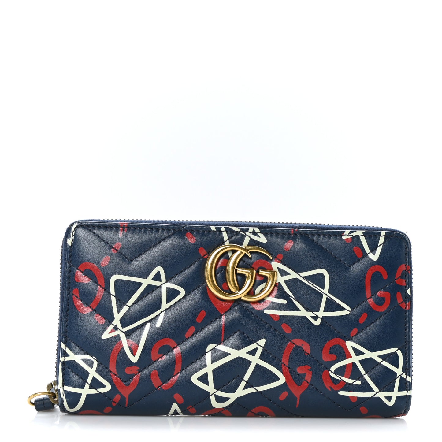 Calfskin Matelasse GucciGhost GG Marmont Zip Around Wallet Blue Agata Hibiscus Red