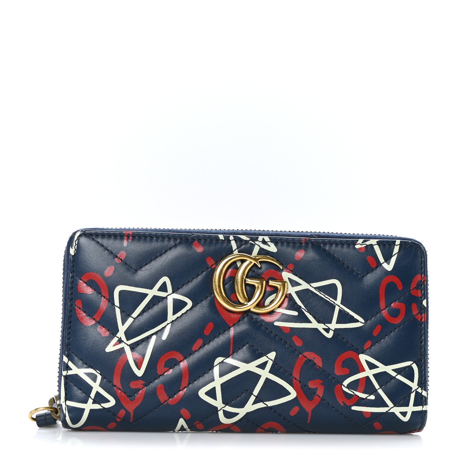 Gucci Calfskin Matelasse GucciGhost GG Marmont Zip Around Wallet Blue Agata Hibiscus Red 1 of 6