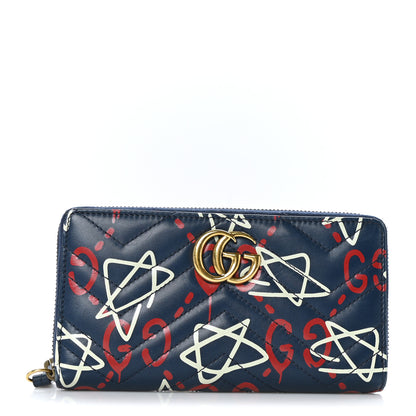 Gucci Calfskin Matelasse GucciGhost GG Marmont Zip Around Wallet Blue Agata Hibiscus Red 1 of 6