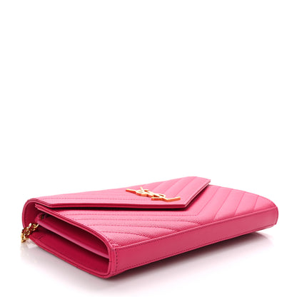 Saint Laurent Grain De Poudre Matelasse Chevron Monogram Chain Wallet Lipstick Fuchsia 4 of 10