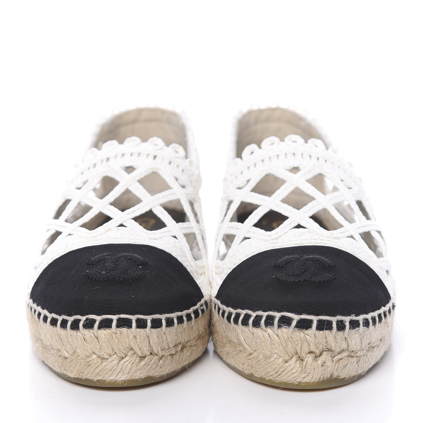 Woven Fabric Grosgrain CC Espadrilles 38 White Black