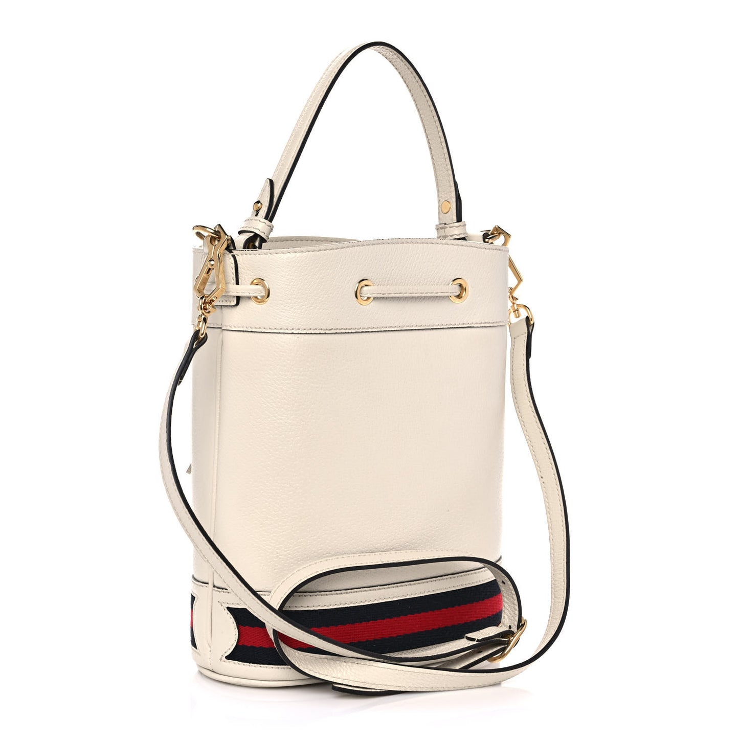 Glazed Textured Calfskin Web Small Ophidia Bucket Bag Mystic White