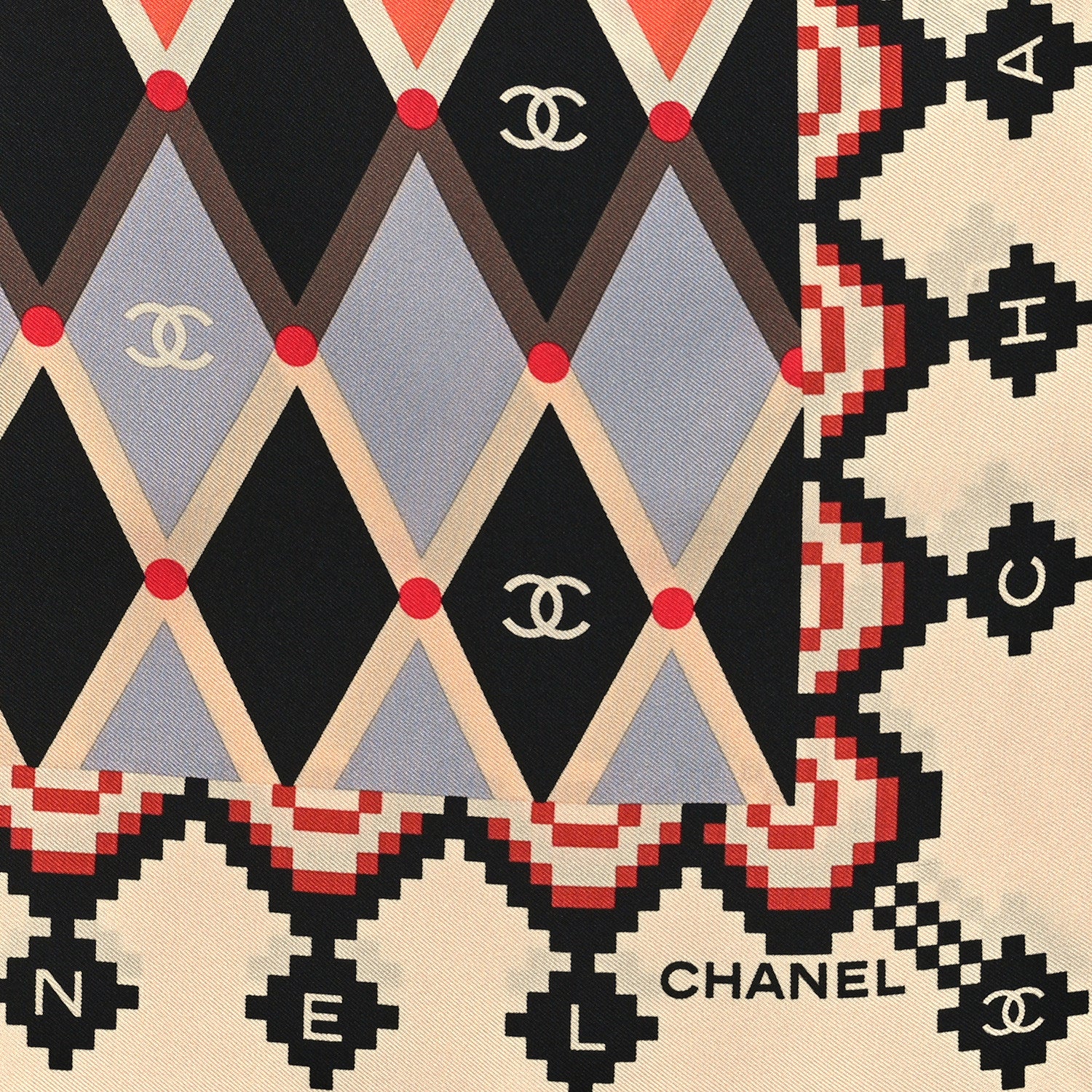 Chanel Silk Mosaic Square Scarf Black Orange Light Blue Beige 2 of 3