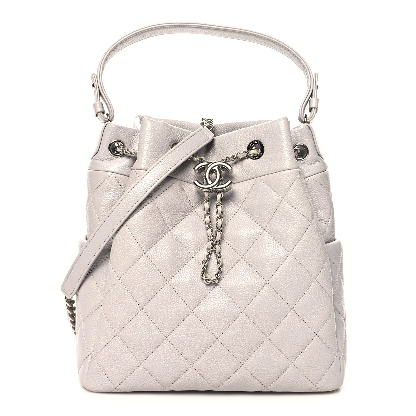 Caviar Flat Quilted CC Chain Bucket Drawstring Bag Light Grey