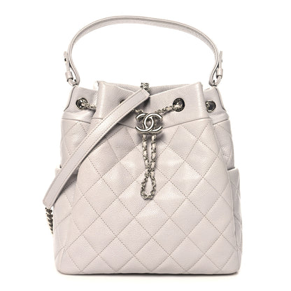 Chanel Caviar Flat Quilted CC Chain Bucket Drawstring Bag Light Grey 1 of 11