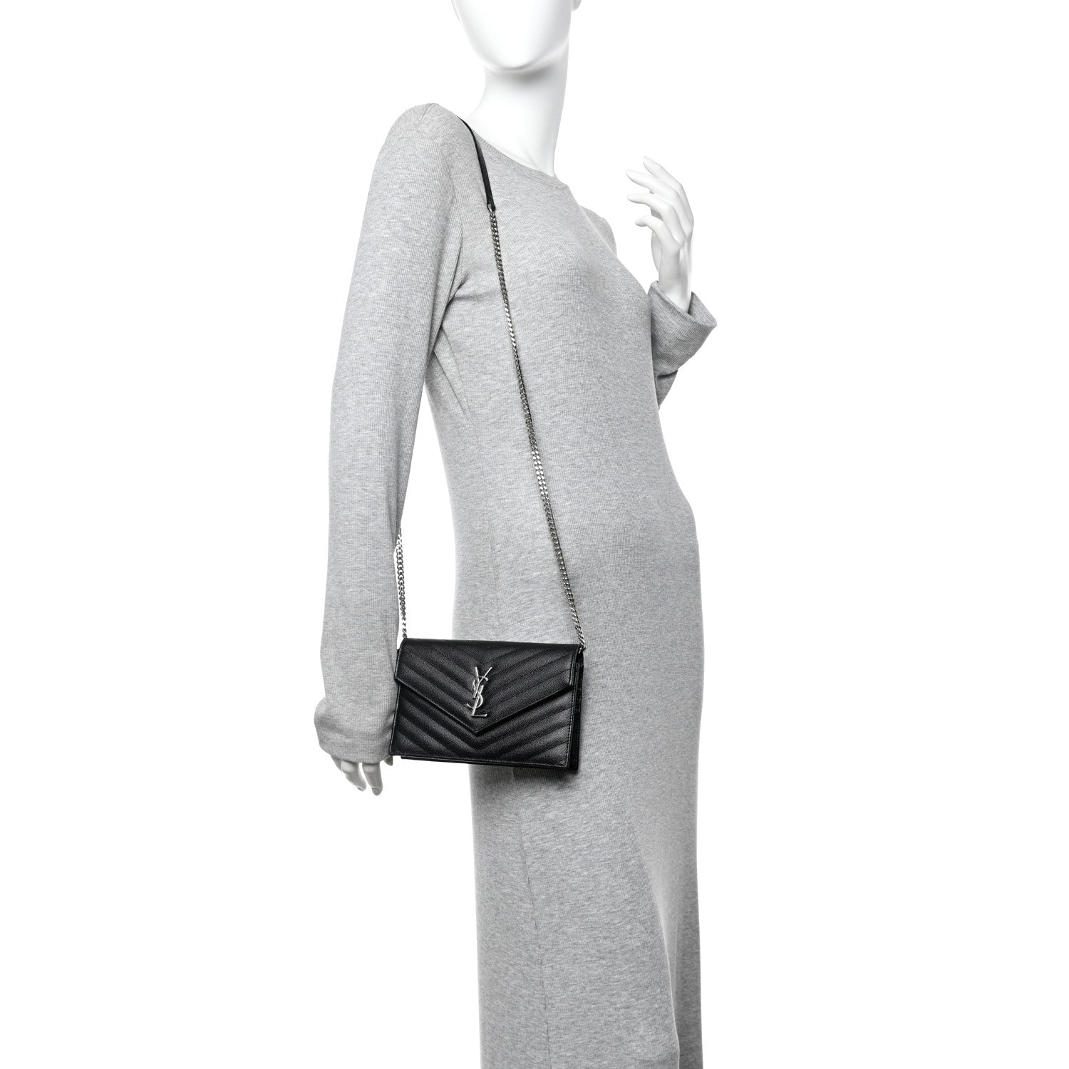 Saint Laurent Grain De Poudre Matelasse Chevron Monogram Envelope Chain Wallet Black 2 of 9