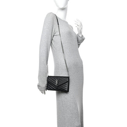 Saint Laurent Grain De Poudre Matelasse Chevron Monogram Envelope Chain Wallet Black 2 of 9