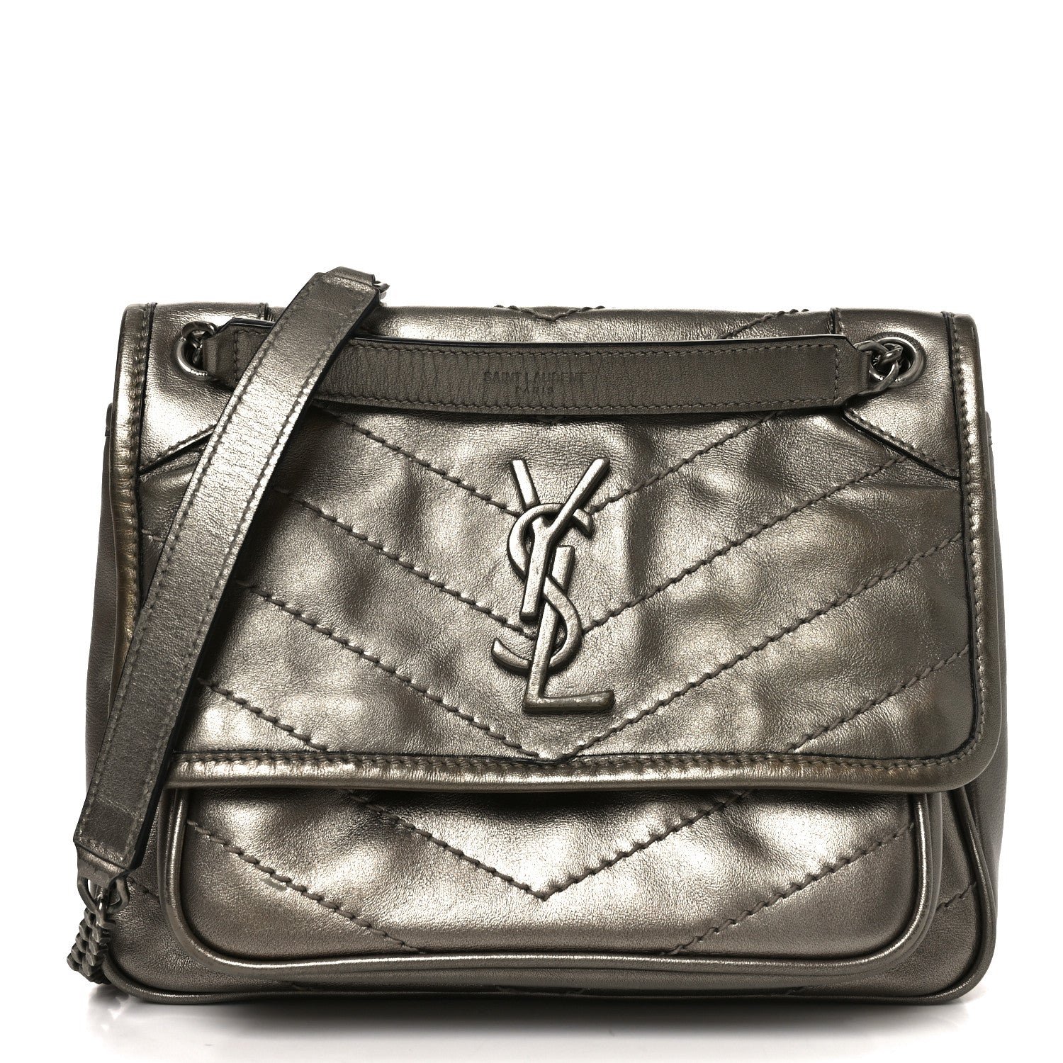Saint Laurent Crinkled Calfskin Matelasse Monogram Baby Niki Chain Satchel Platinum 1 of 10