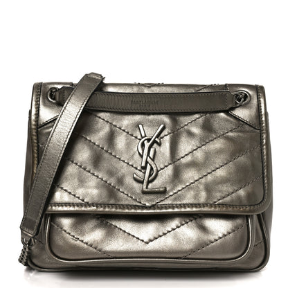 Saint Laurent Crinkled Calfskin Matelasse Monogram Baby Niki Chain Satchel Platinum 1 of 10