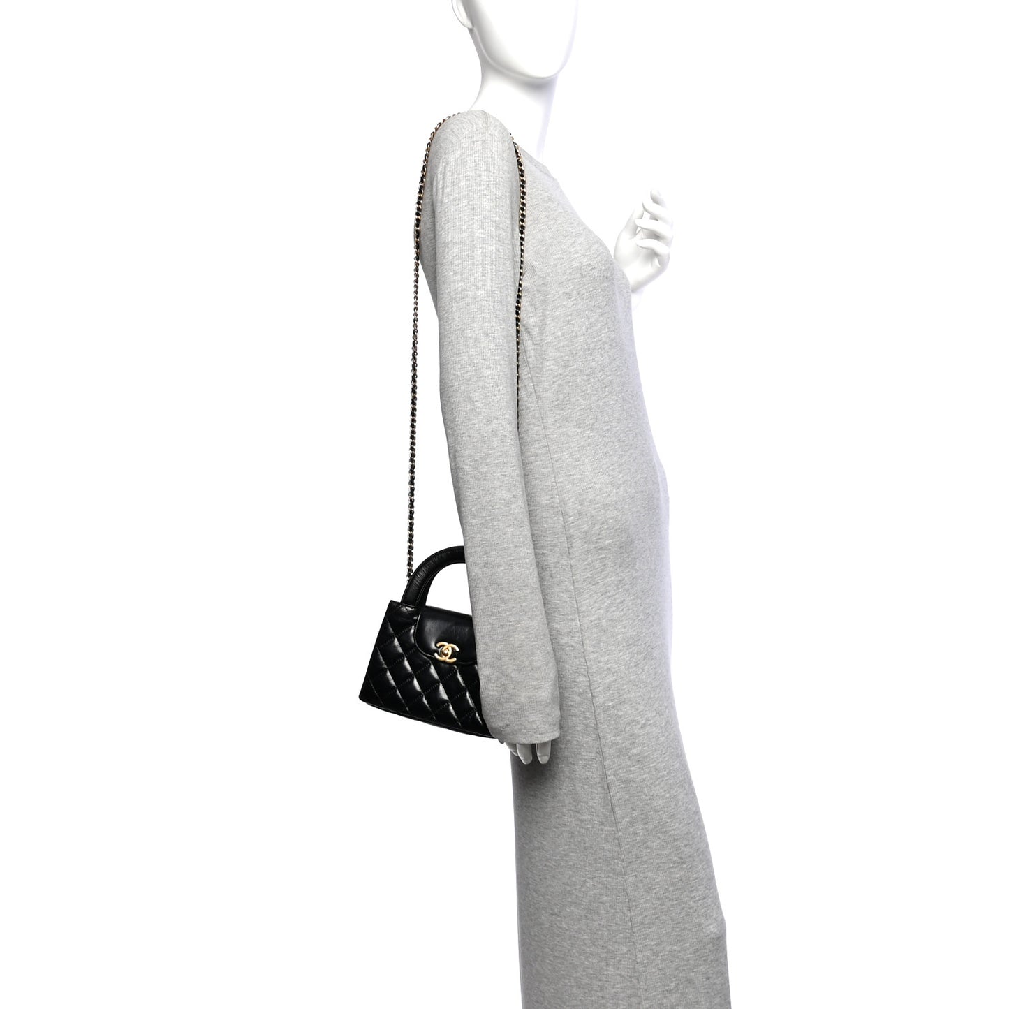 Shiny Aged Calfskin Quilted Nano Kelly Shopper Black